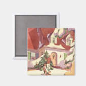 雪の中のヴィンテージクリスマスファミリーハウス マグネット (正面/裏面)