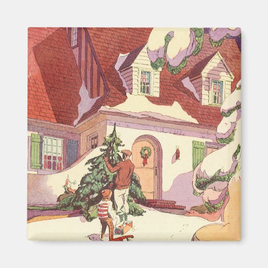 雪の中のヴィンテージクリスマスファミリーハウス マグネット (正面)