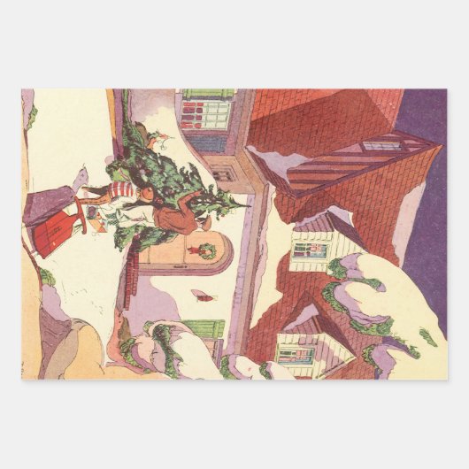 雪の中のヴィンテージクリスマスファミリーハウス ラッピングペーパーシート (正面3)