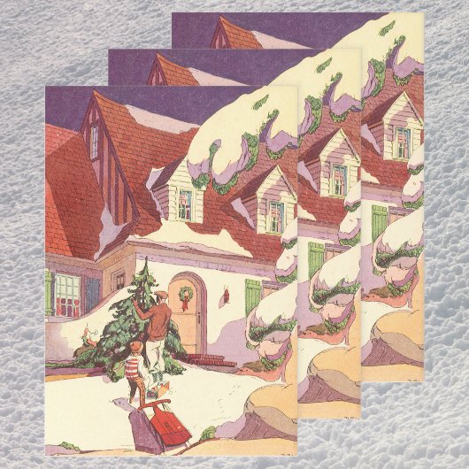 雪の中のヴィンテージクリスマスファミリーハウス ラッピングペーパーシート