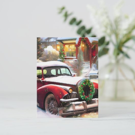 雪の中のヴィンテージクリスマスレッドカー ポストカード (スタンド正面)