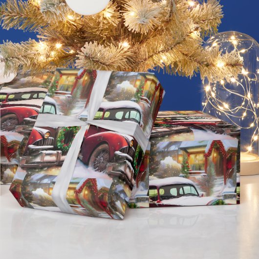 雪の中のヴィンテージクリスマスレッドカー ラッピングペーパー (クリスマス)