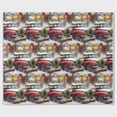 雪の中のヴィンテージクリスマスレッドカー ラッピングペーパー (フラット)