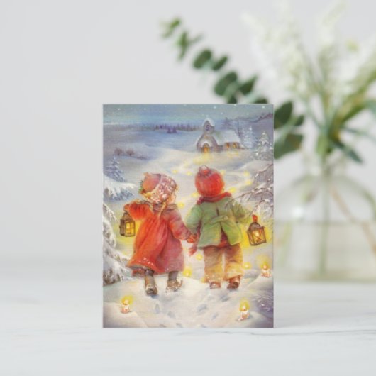 雪の中のヴィンテージクリスマス歩く シーズンポストカード (スタンド正面)