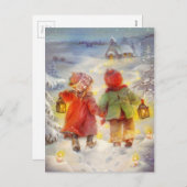 雪の中のヴィンテージクリスマス歩く シーズンポストカード (正面/裏面)