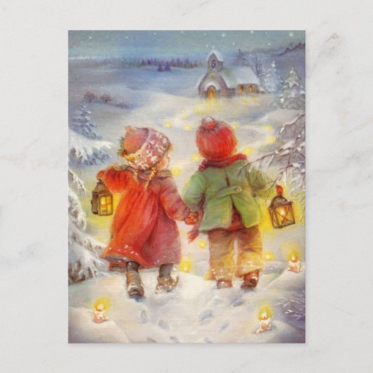 雪の中のヴィンテージクリスマス歩く シーズンポストカード (正面)