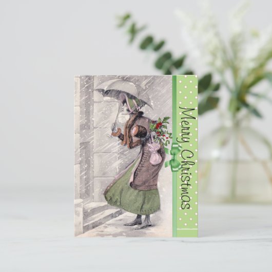 雪の中のヴィンテージ婦人とメリークリスマス葉書 シーズンポストカード (スタンド正面)