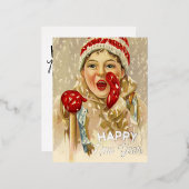 雪の中のヴィンテージ少年 – 新年 箔シーズンポストカード (正面/裏面)