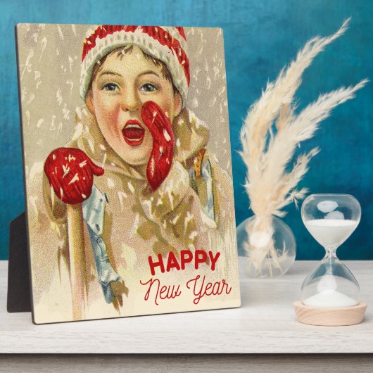 雪の中のヴィンテージ男の子 – ハッピーニューイヤー フォトプラーク (側面)