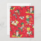 雪の中のヴィンテージ遊クリスマスの子供たち シーズンポストカード (正面/裏面)