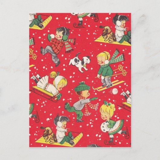 雪の中のヴィンテージ遊クリスマスの子供たち シーズンポストカード (正面)