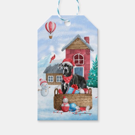 雪の中の偉大なダン犬クリスマスドッグハウス ギフトタグ (正面)