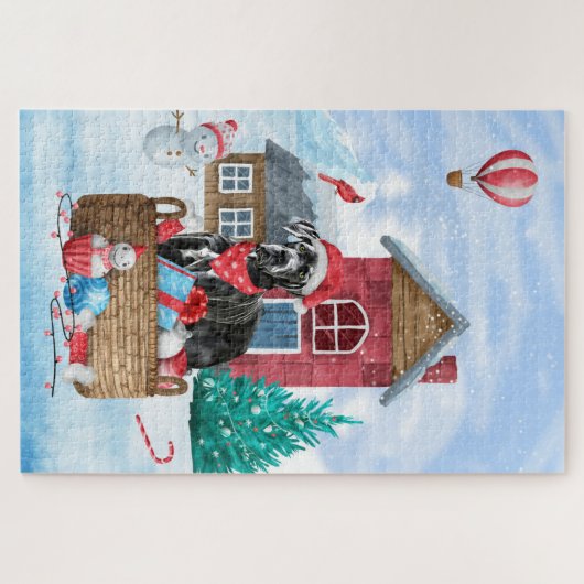 雪の中の偉大なダン犬クリスマスドッグハウス ジグソーパズル (横)