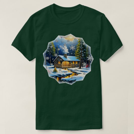 雪の中の冬のキャビン Tシャツ (デザイン正面)