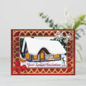 雪の中の冬のコテージ、クリスマス 招待状 (スタンド正面)