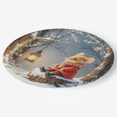 雪の中の冬のネズミと森のランタン ペーパープレート (アングル)