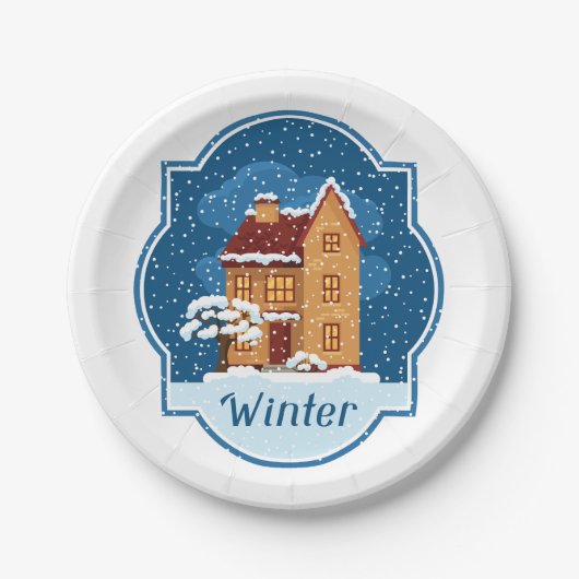 雪の中の冬の家 ペーパープレート (正面)