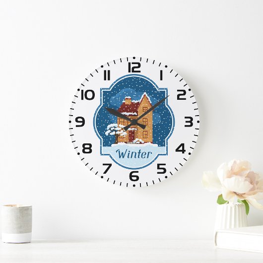 雪の中の冬の家 ラージ壁時計
