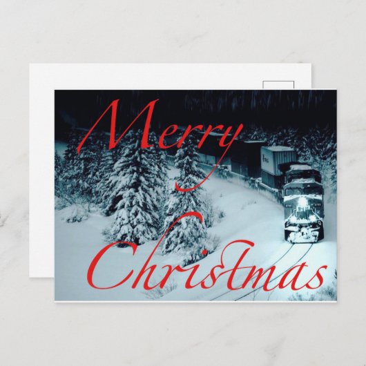 雪の中の列車夜のメリークリスマス シーズンポストカード (正面/裏面)