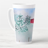 雪の中の古い赤い納屋 カフェラテマグ (左アングル)