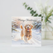 雪の中の可愛いゴールデンドール犬メリークリスマス シーズンカード (スタンド正面)