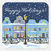 雪の中の可愛いヴィンテージの町の家 スクエアシール (正面)