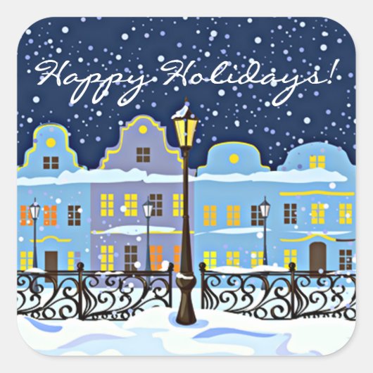 雪の中の可愛いヴィンテージの町の家 スクエアシール (正面)