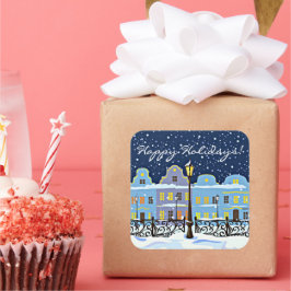 雪の中の可愛いヴィンテージの町の家 スクエアシール