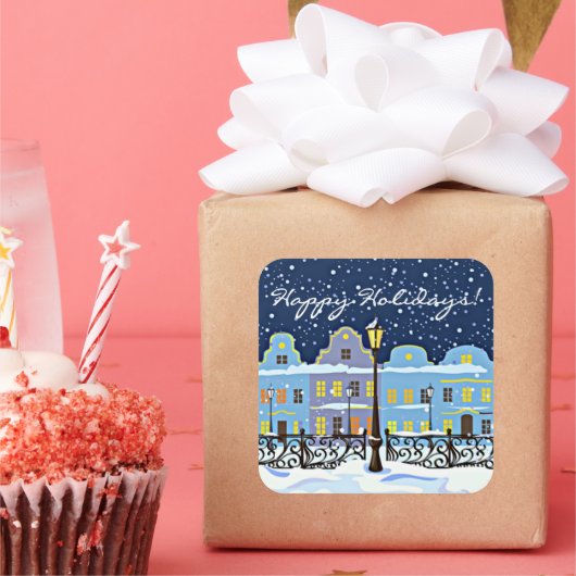 雪の中の可愛いヴィンテージの町の家 スクエアシール (パーティー)