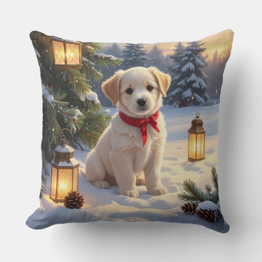 雪の中の可愛い子犬 クッション (正面)