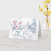 雪の中の可愛い白うさぎ冬の休日 カード (黄色い花)