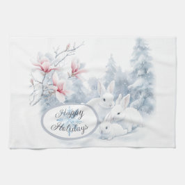 雪の中の可愛い白うさぎ冬の休日 キッチンタオル