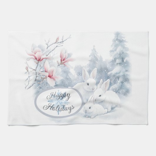 雪の中の可愛い白うさぎ冬の休日 キッチンタオル (横)