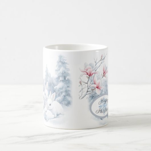 雪の中の可愛い白うさぎ冬の休日 コーヒーマグカップ (中央)