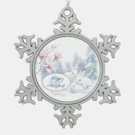雪の中の可愛い白うさぎ冬の休日 スノーフレークピューターオーナメント
