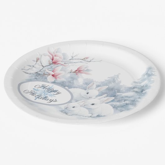 雪の中の可愛い白うさぎ冬の休日 ペーパープレート (アングル)