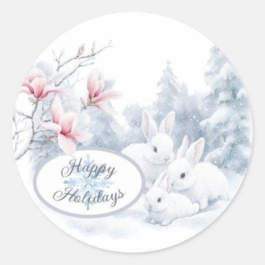 雪の中の可愛い白うさぎ冬の休日 ラウンドシール (正面)