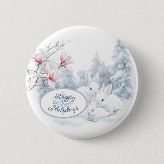 雪の中の可愛い白うさぎ冬の休日 缶バッジ (正面)