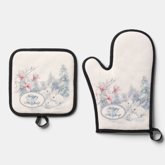 雪の中の可愛い白うさぎ冬の休日 鍋つかみ&鍋敷きセット (正面)