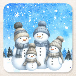 雪の中の可愛い雪だるまファミリー スクエアペーパーコースター