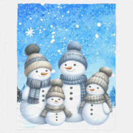 雪の中の可愛い雪だるまファミリー フリースブランケット