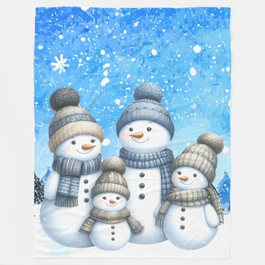 雪の中の可愛い雪だるまファミリー フリースブランケット (正面)