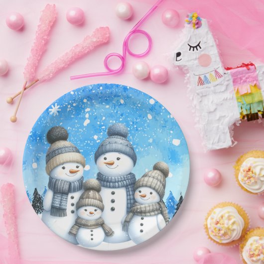 雪の中の可愛い雪だるまファミリー ペーパープレート (パーティー)