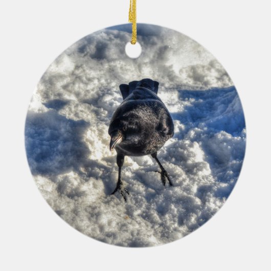 雪の中の可愛い黒いカラス セラミックオーナメント (裏面)