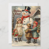 雪の中の子どもたちとヴィンテージのクリスマス雪だるま シーズンカード (正面)