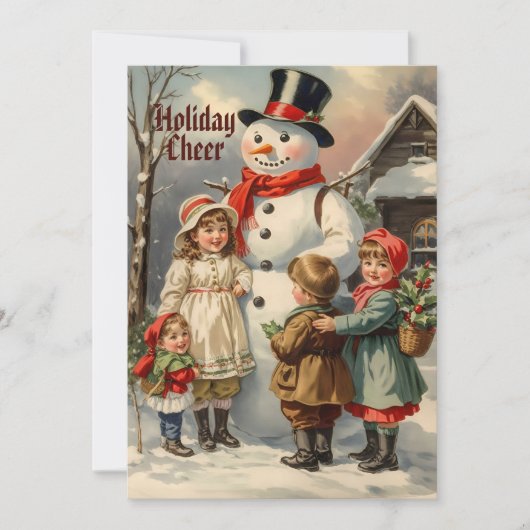 雪の中の子どもたちとヴィンテージのクリスマス雪だるま シーズンカード (正面)
