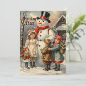 雪の中の子どもたちとヴィンテージのクリスマス雪だるま シーズンカード (スタンド正面)