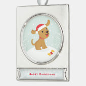 雪の中の子犬のかわいいイラストレーション シルバープレートバナーオーナメント (左)
