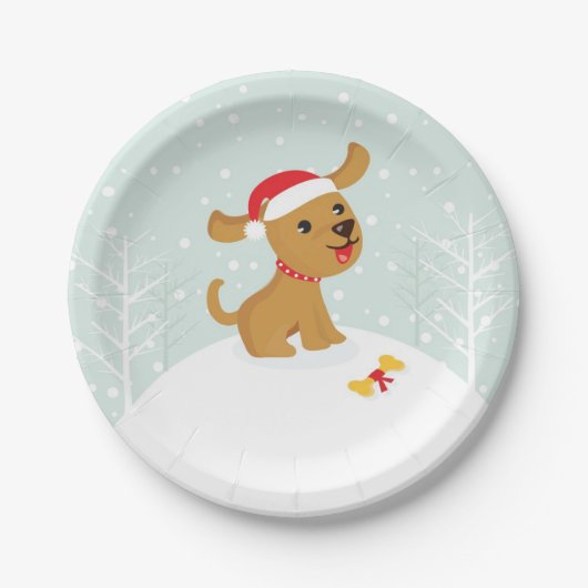 雪の中の子犬のかわいいイラストレーション ペーパープレート (正面)