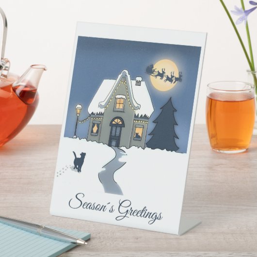 雪の中の家と猫との居心地の良いクリスマスシーン 台座サイン (インサイチュ)